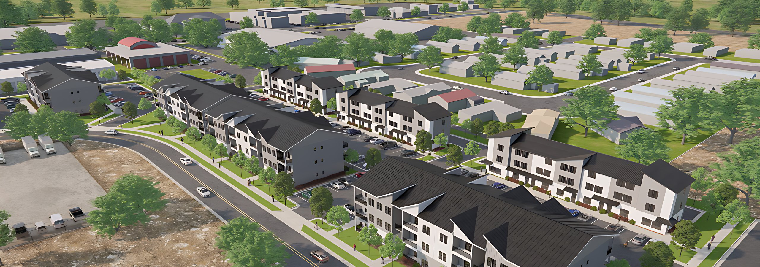 Wide aerial artist's rendering of the community: apartment buildings along the street and townhome rows behind
