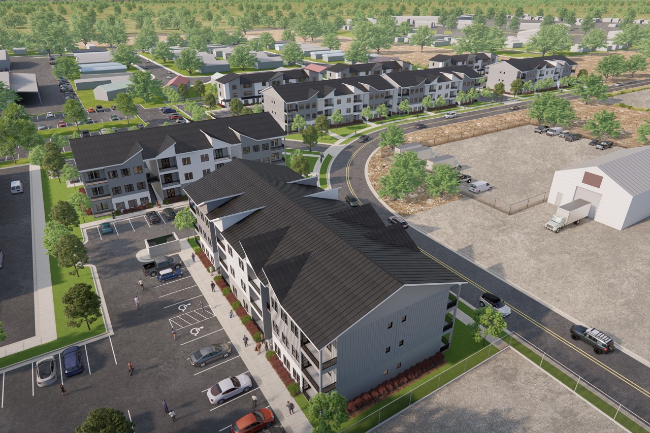 Aerial rendering of the apartment buildings and parking at Homes at the Falls
