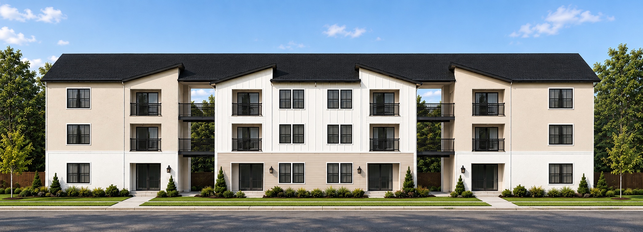 West elevation rendering of the apartment building with balconies and board-and-batten siding
