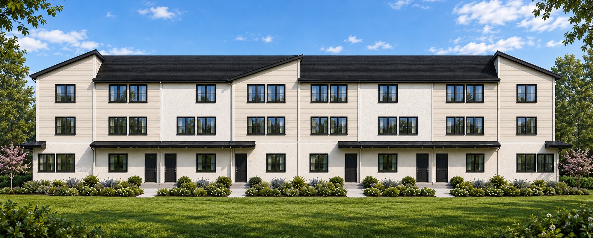 Front elevation rendering of the Majestic Falls townhome row, each home with its own front door under an awning