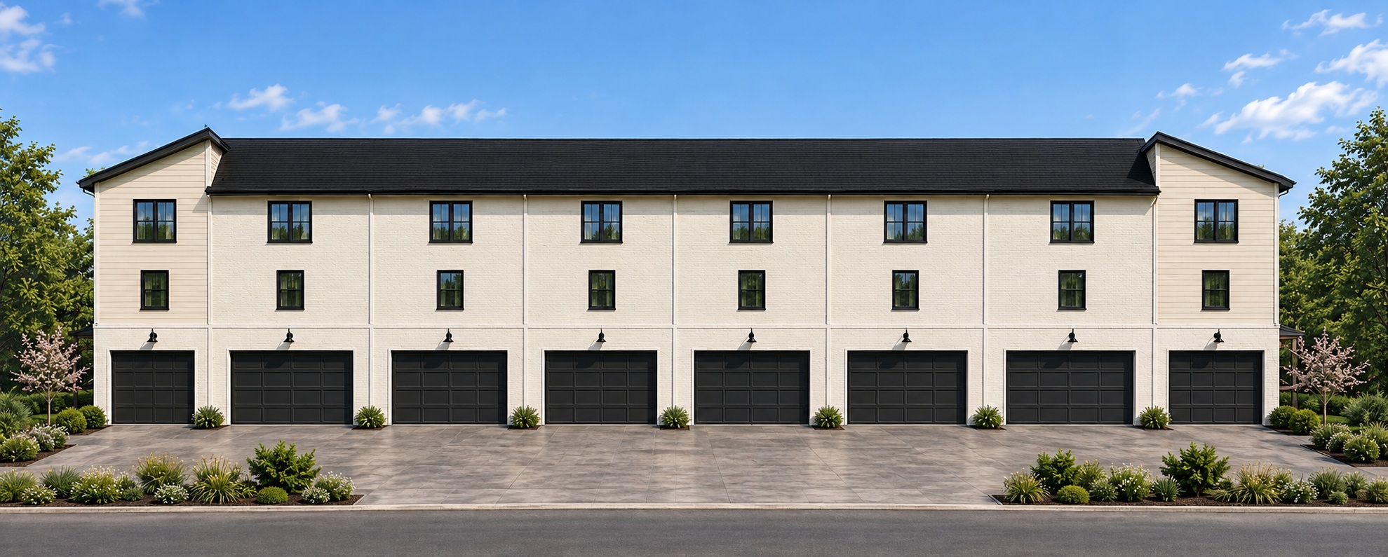 Garage elevation rendering of the townhome row: eight black two-car garage doors beneath two floors of living space