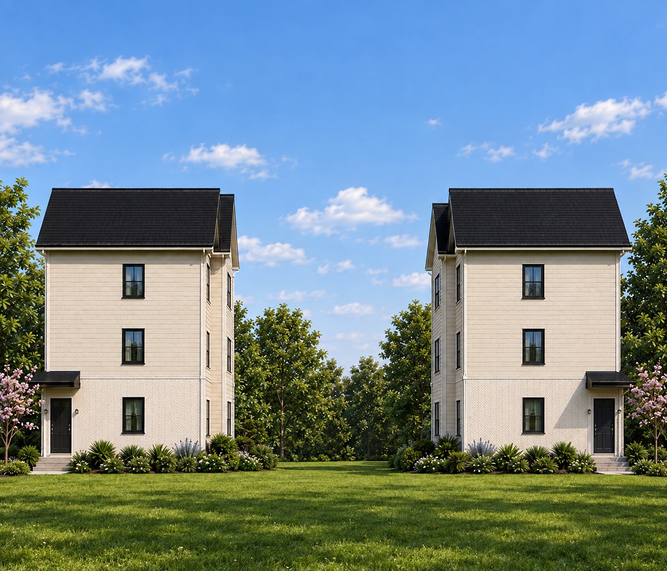 End elevation rendering of the townhome rows with a covered front door at each end