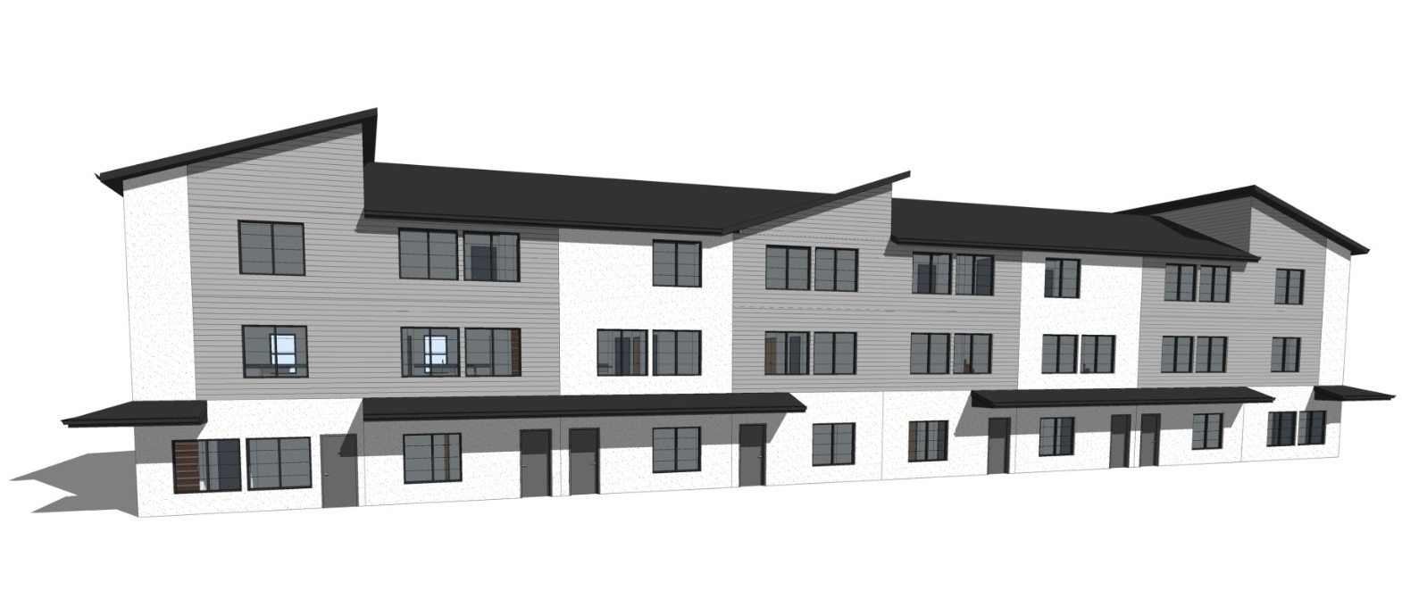 Rendering of the Majestic Falls townhome row with front doors under awnings