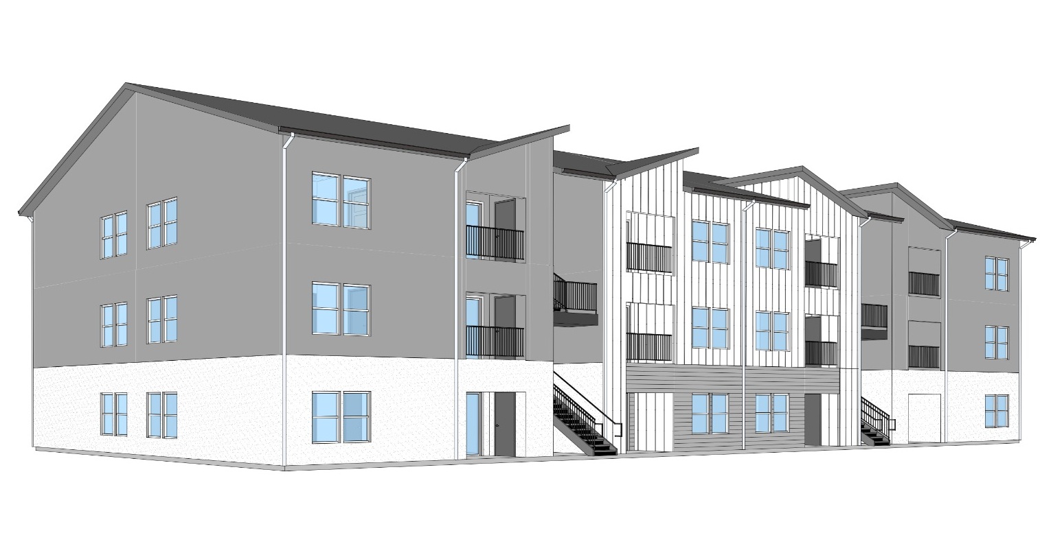 Rendering of a three-story apartment building with balconies and board-and-batten siding