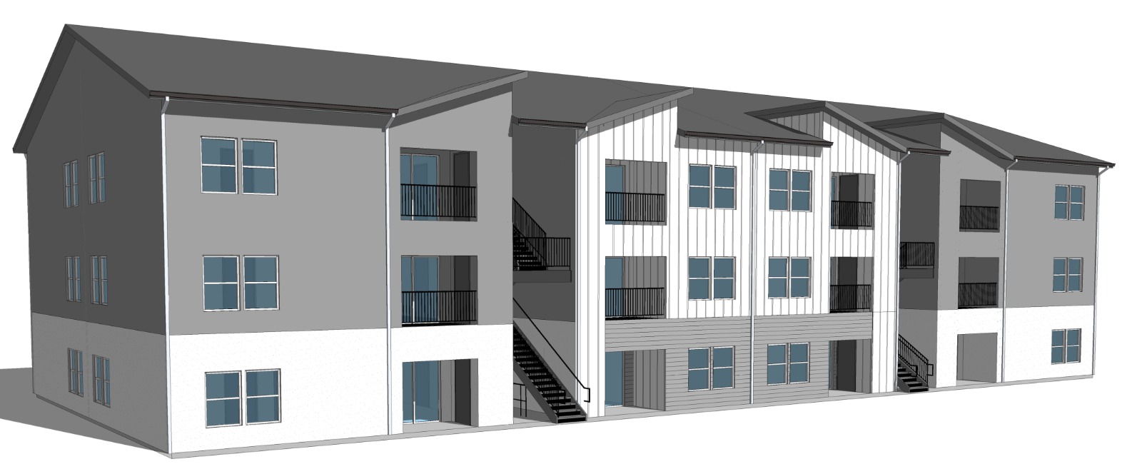 Rendering of the apartment building from the balcony side, three floors with open stairs